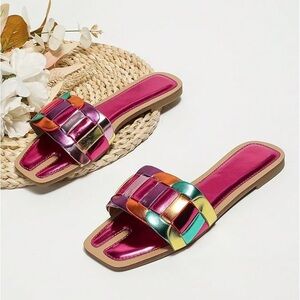 Metallic Flat Sandals Sparkly Color Block Cute Dressy Open Toe Slip on Slide 42